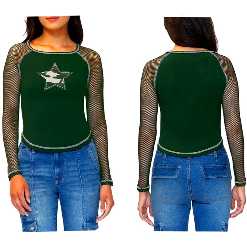 Steve Madden Junior's Long Sleeve Fishnet Raglan With Patch Top NEW
